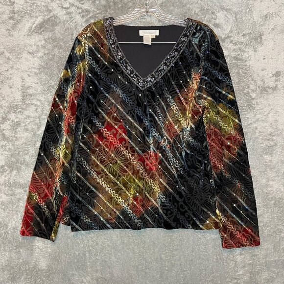 Coldwater Creek Women Whimsigoth Fairy Grunge Floral Velvet Sequin V Neck Top M - Picture 1 of 12